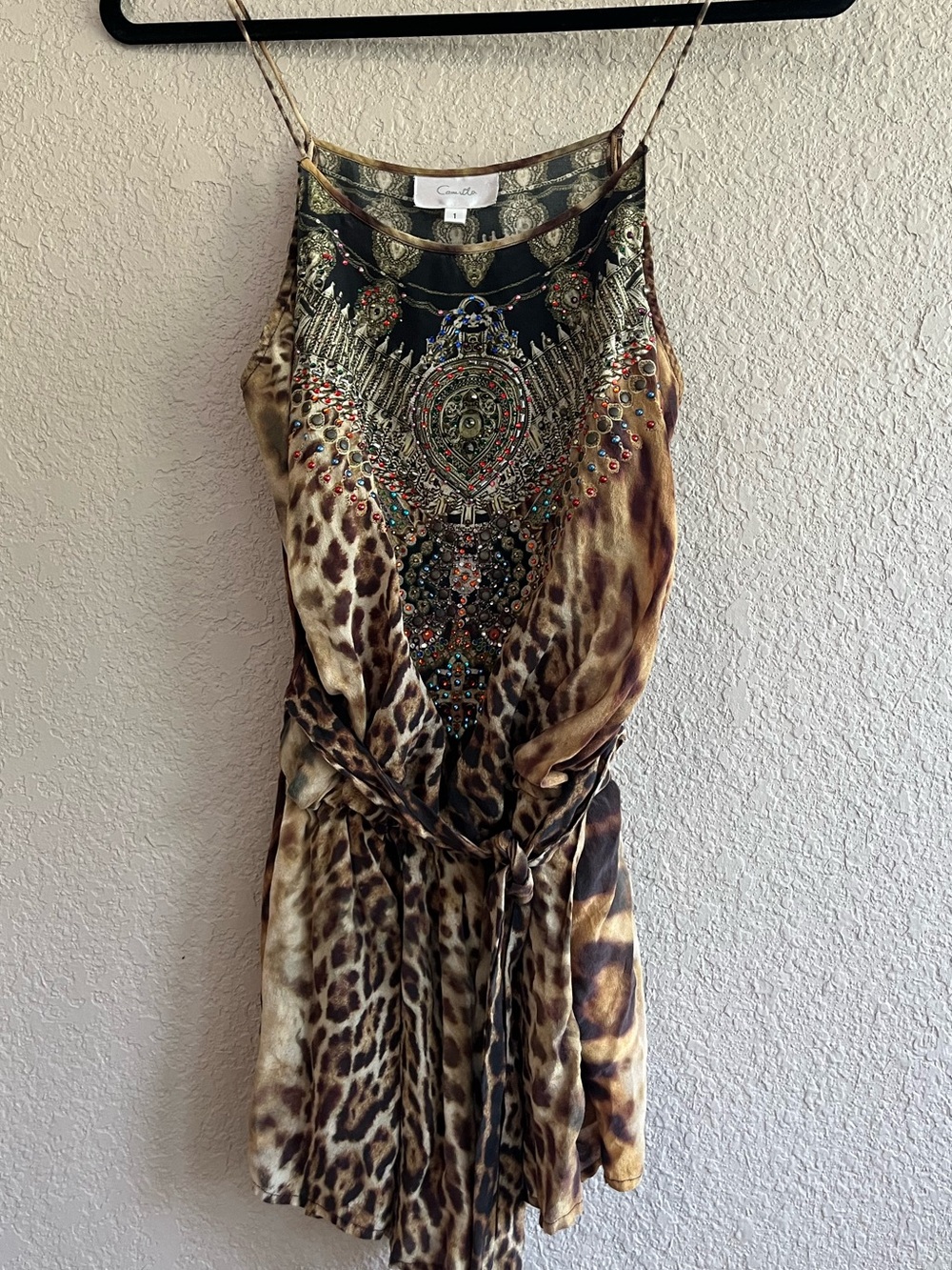 Camilla Leopard Print Silk embellished rhinestone Romper Playsuit in Brown & Tan - Picture 3 of 16